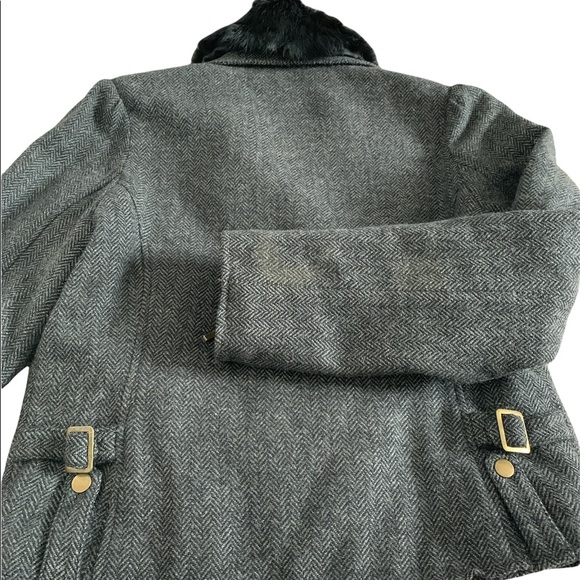 LaPense charcoal grey wool herringbone bike jacket/winter coat with fur collar - Picture 4 of 11